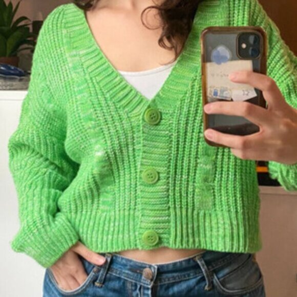 Stradivarius Green Cable Knit Cardigan Cropped - Picture 3 of 7